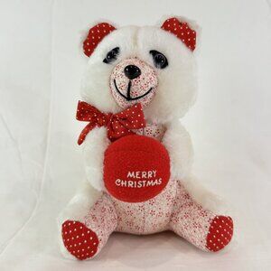 Vintage 1980s Merry Christmas Plush Red and White Bear with Ball Purple Eyes